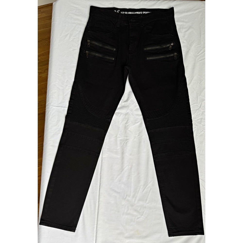 V1969 Italia Men Biker Moto Slim Fit Jeans Black Stretch 30x32 RN136301